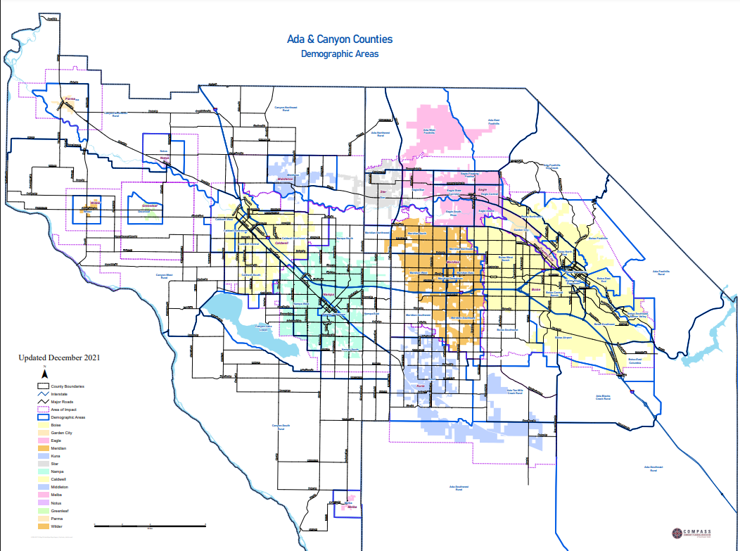 Ada-CanyonDemographicAreas_2021 Map depicting Ada and Canyon Counties - Demographic areas
