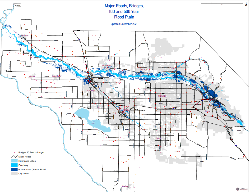 Floodzones_2021 Map depicting mjajor roads, bridges, and 100 and 500 year flood plain