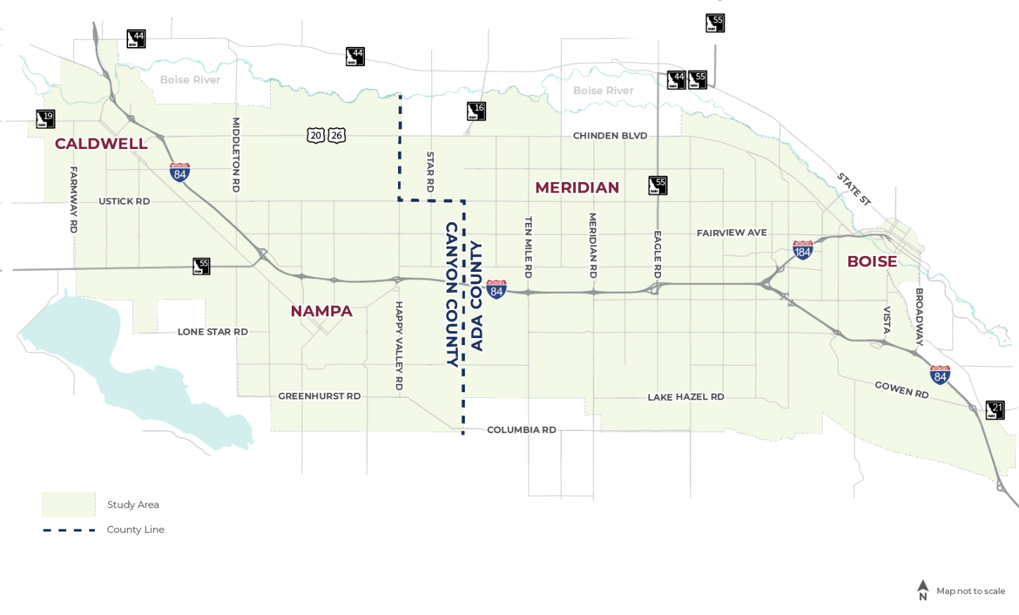Map of the HCT PEL planning area, running along Interstate 84 and through Caldwell, Nampa, Meridian, and Boise.