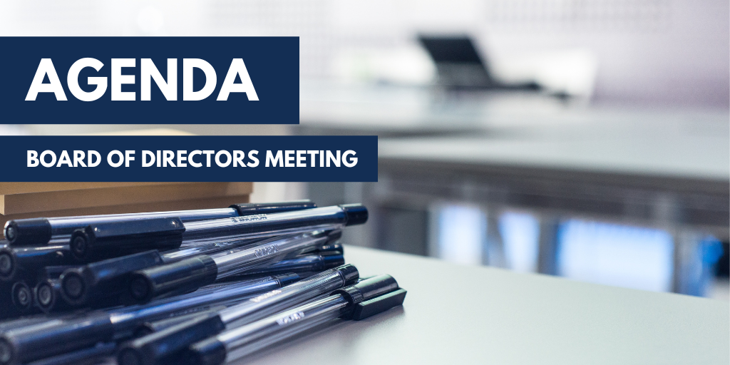 Graphic of writing pens on a table stating Agenda Board of Directors Meeting