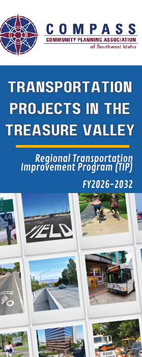 Transportation Projects in the Treasure Valley - Brochure Cover for the FY2026-2032 list of transportation projects. Blue and white brochure with COMPASS logo